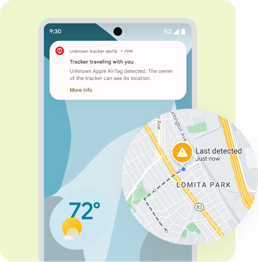 Primo piano della parte superiore di uno smartphone Android con una notifica relativa a un dispositivo di monitoraggio sconosciuto e con una mappa che mostra la distanza del dispositivo.