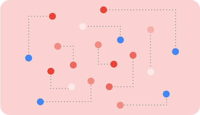 An abstract illustration of blue, pink, orange and white dots that are connected by lines.