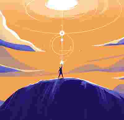 An illustration of a person on a dark purple mountain against an orange sky with clouds. The person stands straight up with their arm in the air while light shoots out above them into the sky.
