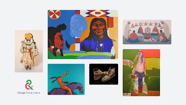 A collage with photos of Indigenous artwork and artifacts