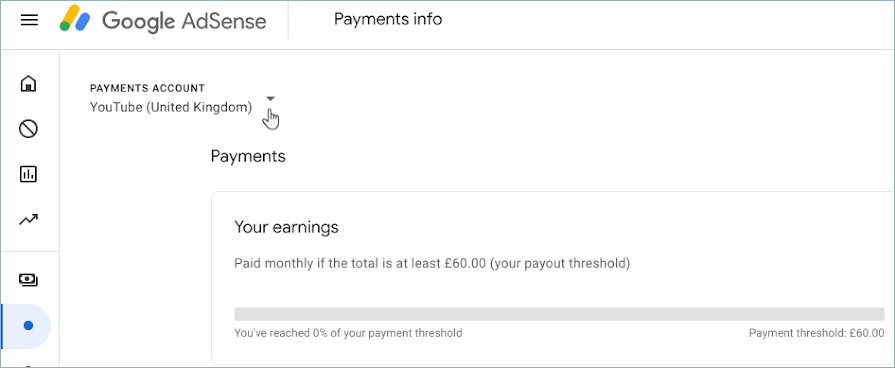 Example of payments info in Google AdSense.