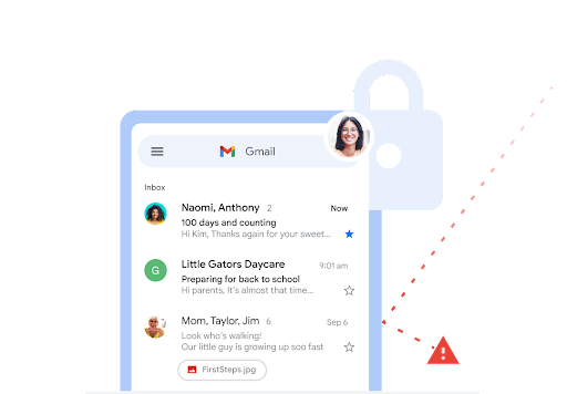 Gmail primary inbox with separate warning icon to the site