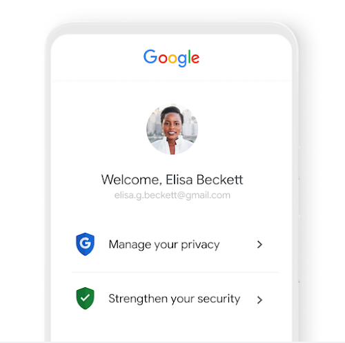 Google Account mobile menu shows privacy and security recommendations
