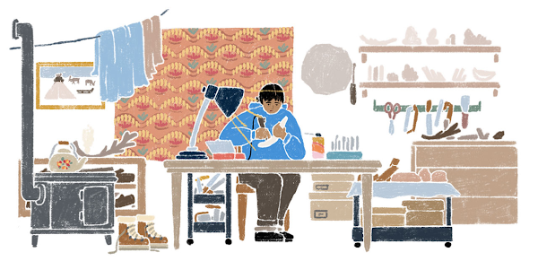 Illustration of a woman sitting in her handcrafting studio working on her art.