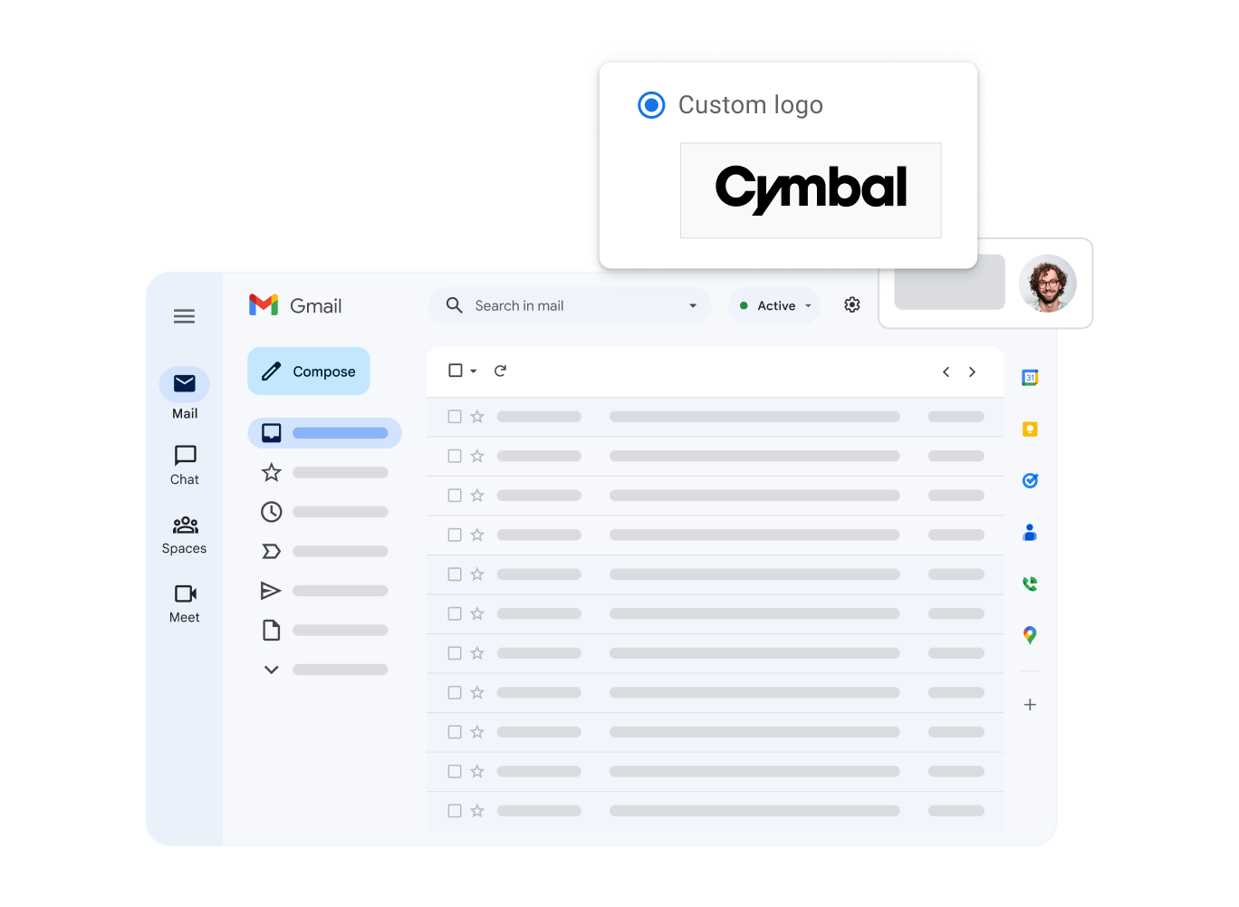 Uma visualização estilizada da interface do Gmail destacando o logotipo personalizado da empresa do usuário.
