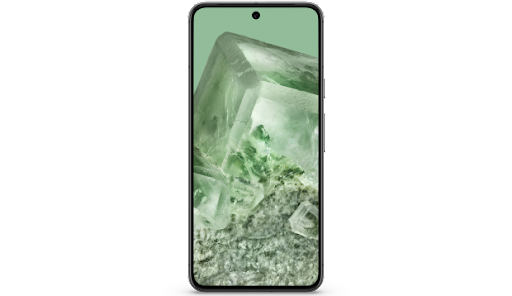 A Pixel 8 phone with a lush, green lock screen image.