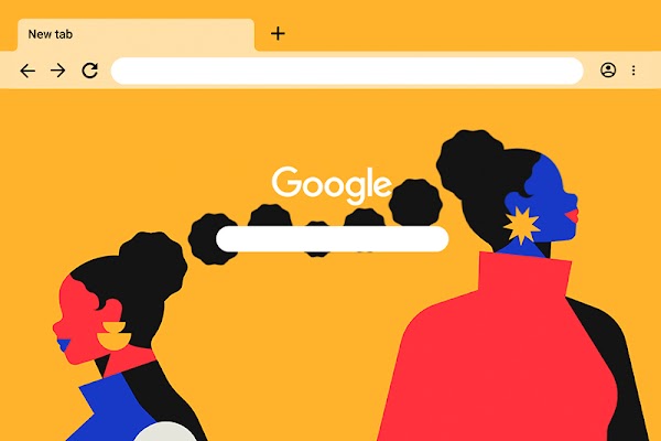 An illustration of two women facing away from each other, placed against a Chrome window with a logo of Google. A line of thought bubbles connects them.