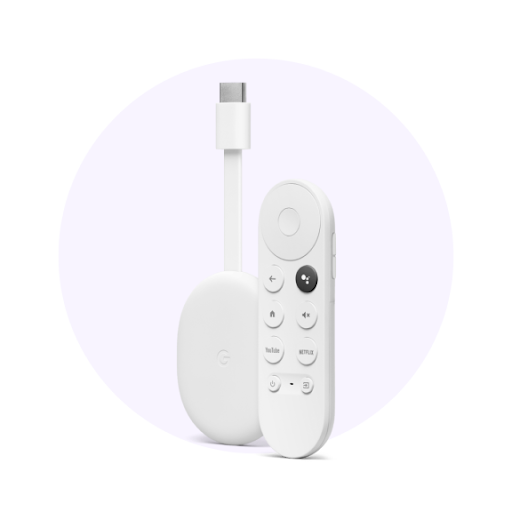 A white Chromecast device.