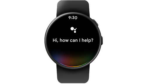 Google Assistent bruges på et Wear OS-smart-ur til at starte en rutine ved at sige "Hey Google, pendling til arbejde", og derefter viser urets skærm vejrudsigten, kalender over dagen, og at uret afspiller musik på telefonen.