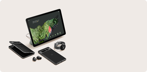 A display of the Pixel tablet, a slightly opened Pixel Fold, Pixel 7a, a pair of Pixel Buds Pro, and a Pixel Watch