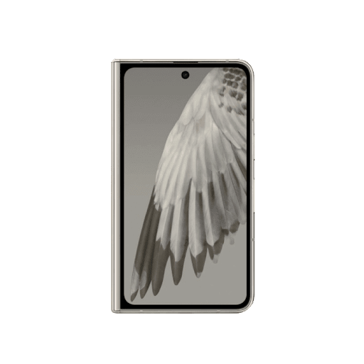 A Google Pixel Fold faces forward, displaying a crisp photo of a bird’s wing.