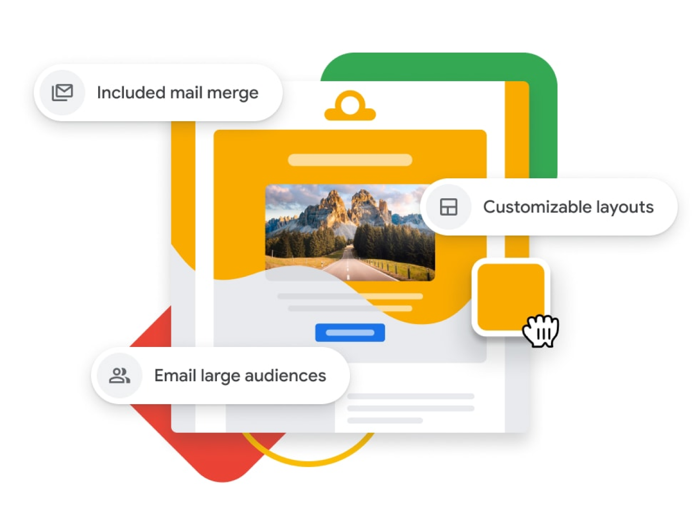 Grafische voorstelling van een gepersonaliseerde e-mailcampagne met tools voor slepen en neerzetten, e-mail samenvoegen en ondersteuning voor een groot publiek. 