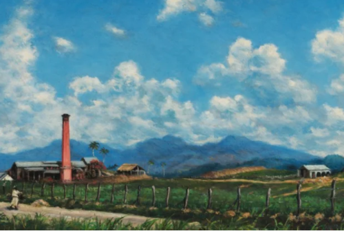 Hacienda Aurora by Francisco Oller, collection of the Museo de Arte de Ponce on Google Arts and Culture. A painting depicts a dirt road alongside a fence, a ranch home, and a field. In the background are distant mountains and puffy white clouds.
