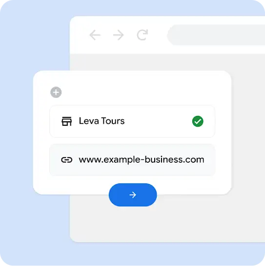 Signup flow UI showing the fields for business name and URL.