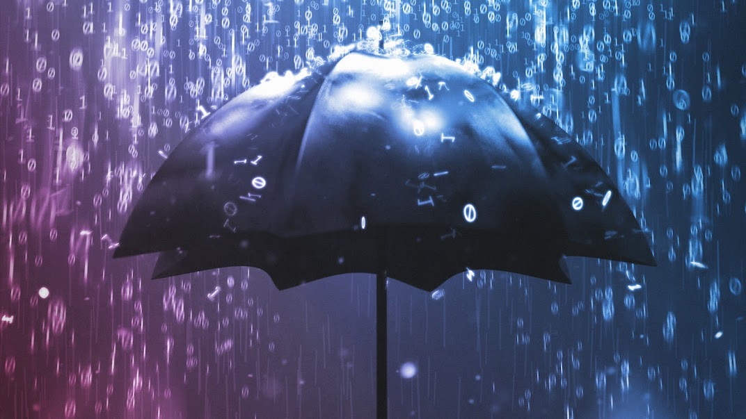 An abstract image of a black umbrella, open in front of a blue and purple background. There are binary code ones and zeros raining down onto the umbrella.