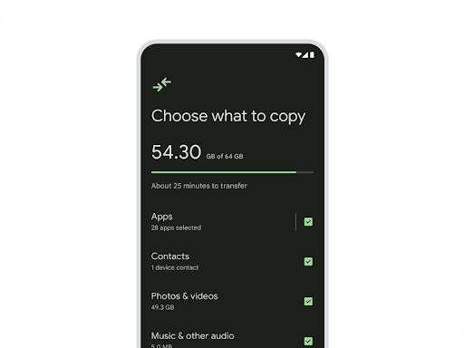 An Android phone screen with the title “Choose what to copy”. There is a progress bar of how much has transferred as well as a checked off list of data to transfer including Apps, Contacts, Photos & videos and Music & other audio,”