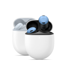 Two sets of Pixel Buds—coming out of their cases.