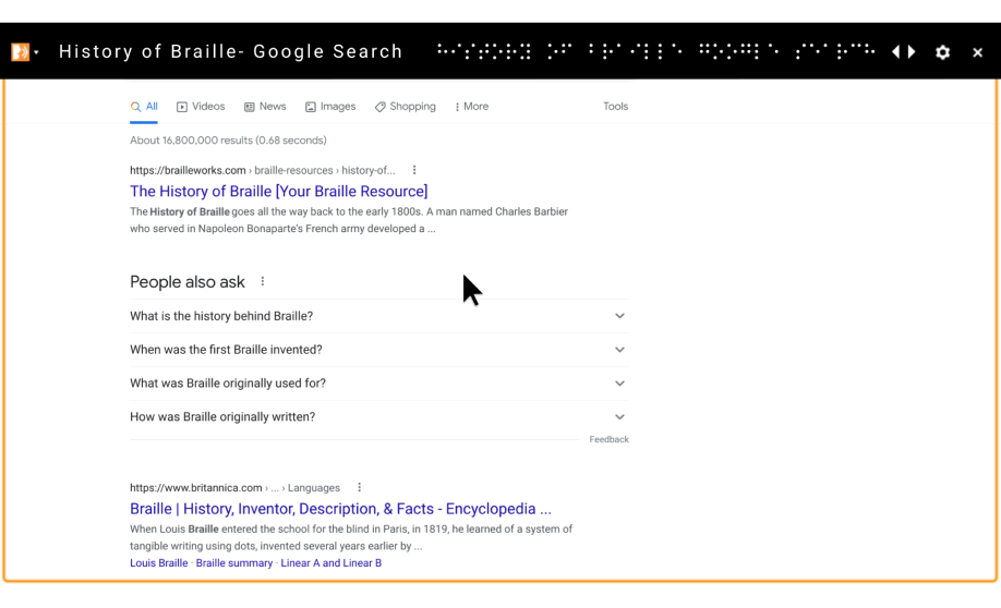 Pembaca layar menerjemahkan hasil penelusuran Google tentang sejarah braille.