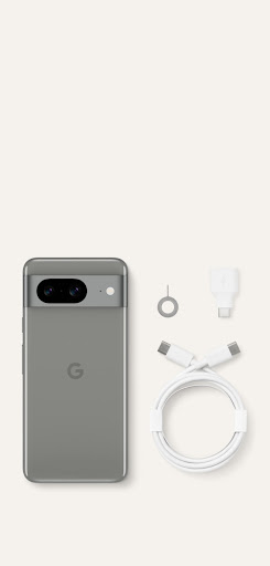 A Pixel 8 in Hazel. A USB-C to USB-C cable, Quick Switch Adapter, and SIM tool sit beside it.