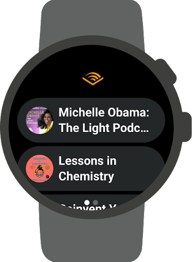 The Audible app for Wear OS shows different audiobooks to select from to listen to.