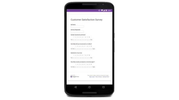 Interface utilisateur de Google Forms sur un appareil mobile affichant un formulaire intitulé "Enquête de satisfaction client" 