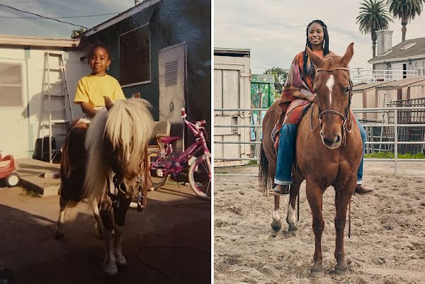 Imágenes lado a lado de Keiara de niña en su poni Bushwick en su patio trasero, junto a una foto actual de ella montada en su caballo Penny.