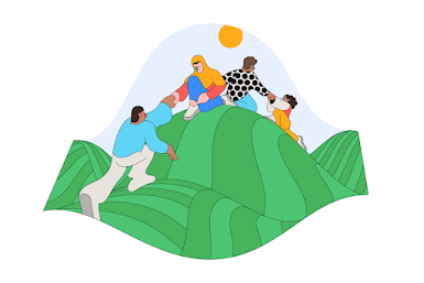 An illustration of a group of people sitting on top of a hilly road helping each other up