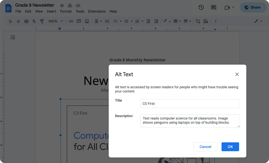 A user fills in alt text for an image in Google Docs.