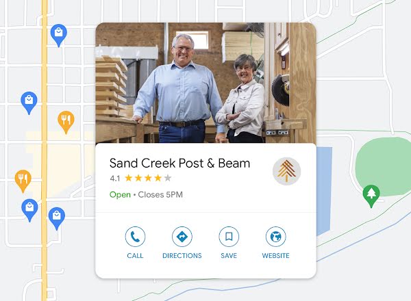 The Sand Creek Post & Beam business profile on Google sits on top of a Google Map of Wayne, Nebraska.