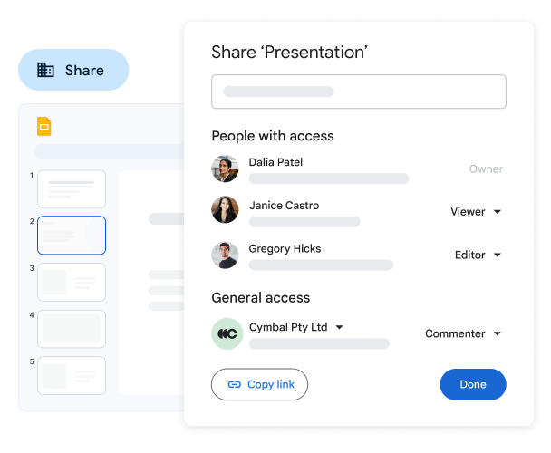 A pop-up window enables a creator to manage sharing permissions on a slide deck.
