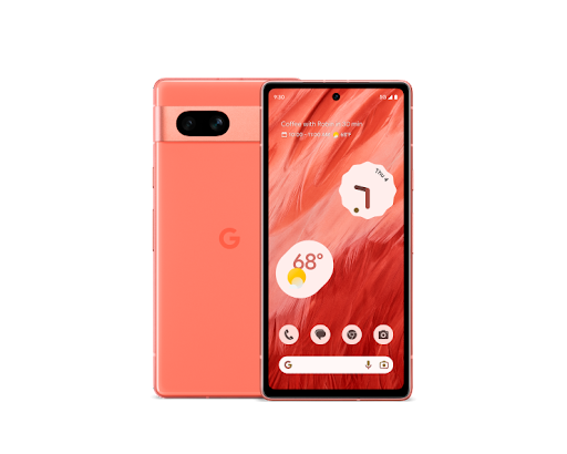 Front and back of Pixel 7a in Coral 