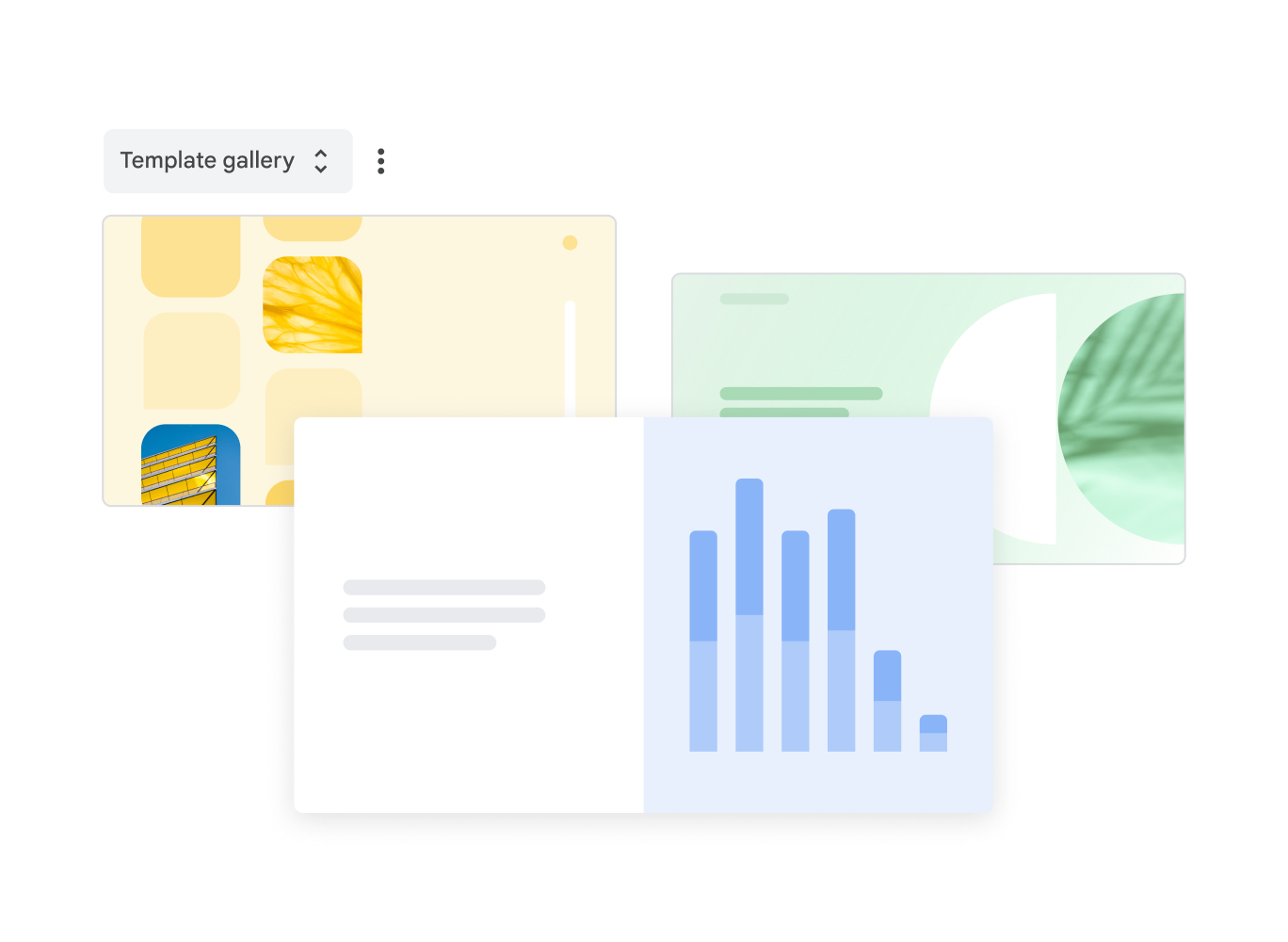 Tres plantillas de Presentaciones de Google diseñadas previamente entre las cuales elegir en la galería de plantillas.