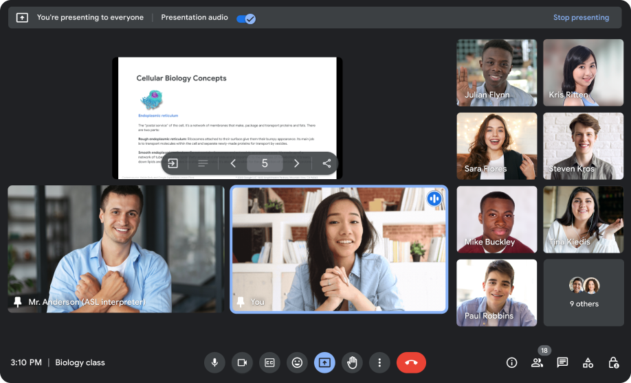A virtual meeting in Google Meet has a presentation, speaker, and sign language interpreter simultaneously pinned in the center of the screen as other participants are displayed on the right side.