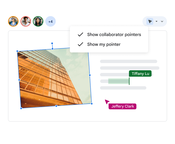 Un usuario puede seleccionar mostrar los punteros propios y los de los colaboradores en una diapositiva para que todos puedan ver exactamente quién está haciendo qué.
