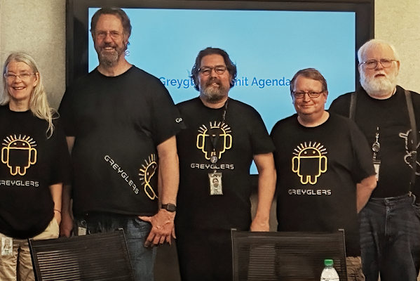 Five Googlers stand together and smile wearing shirts that read "Greyglers"