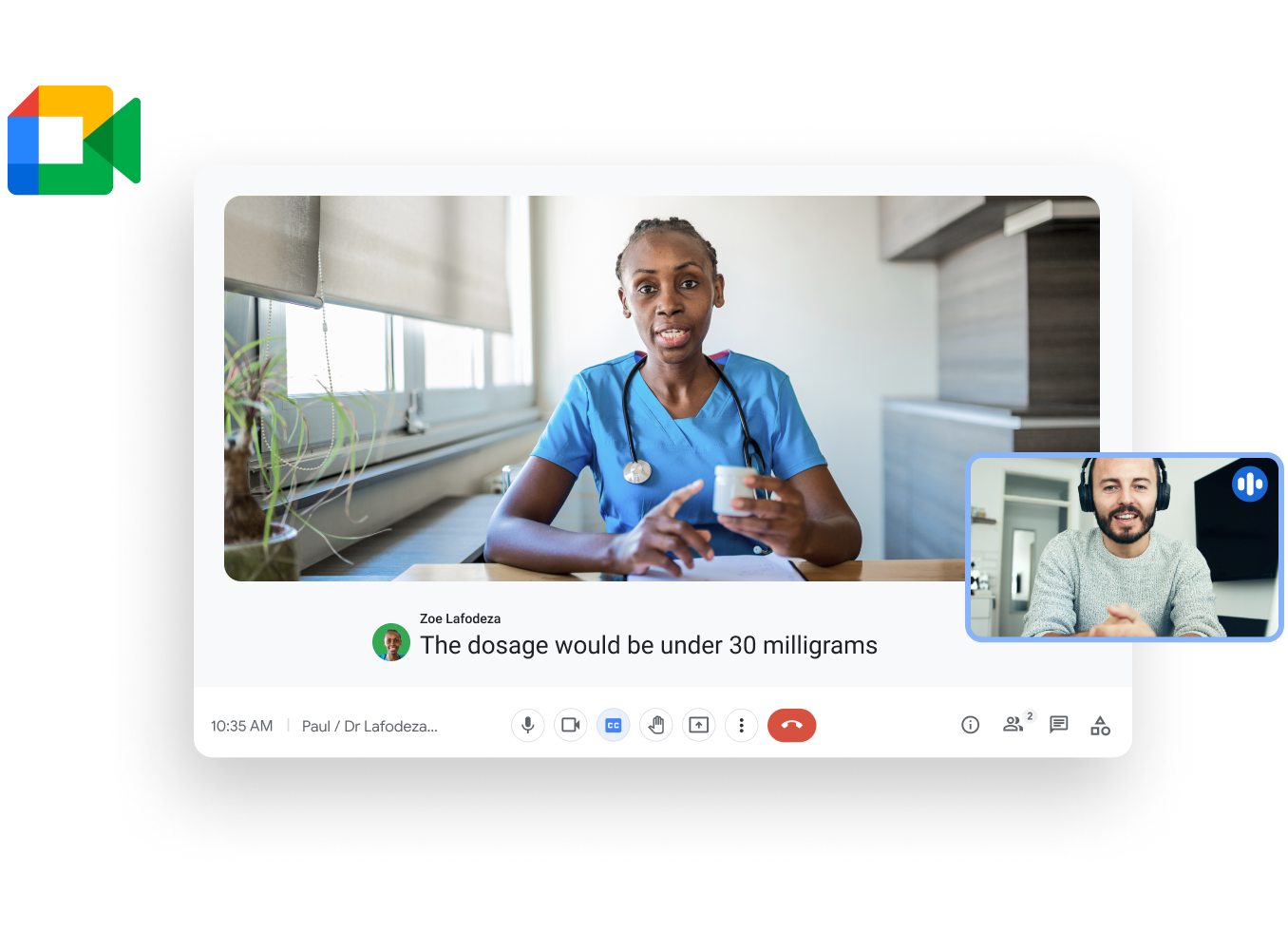 Gráfico ilustrativo de Workspace: Un médico realiza una videollamada con un paciente para compartir una actualización