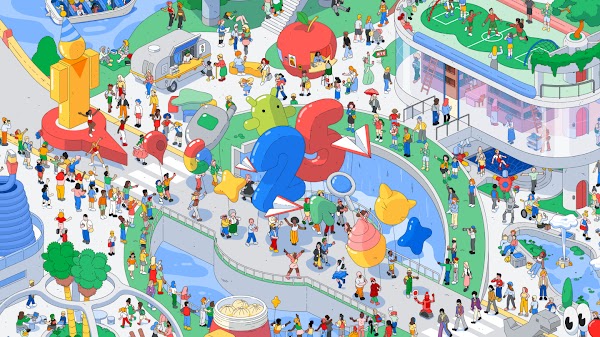 Colorful text reads, “Most Searched Playground” with drawings of popular trends in culture.
