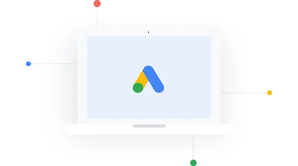 איור של מחשב נייד שבמסך שלו מופיע הלוגו של Google Ads