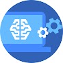 Icon with monitor displaying Google AI technology icon and 2 interlocking gears