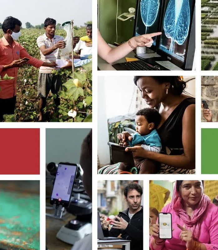 A collage of photos that show people around the world using technology to help people for things like brain scans analysis, cotton farming, and infant care