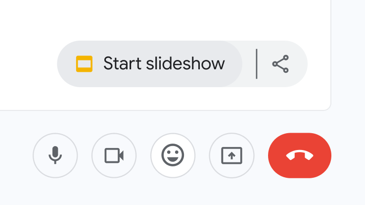 The ‘Start slideshow’ button in the Google Meet interface, which sits above other controls like microphone, camera, and reactions. 