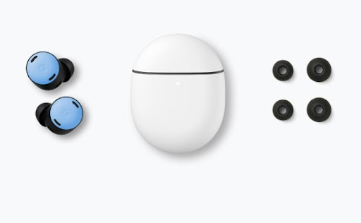 A pair of Bay blue Pixel Buds Pro with medium eartips next to a white charging case, a pair of small eartips, and a pair of large eartips