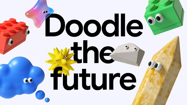 Colorful 3D characters in the shapes of a sparkle, cloud, pencil, rock, and bricks with googly eyes surround and glance towards text reading: Doodle the future