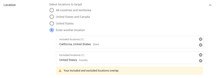 Alert says "Your included and excluded locations overlap"
