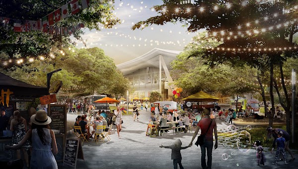 A rendering of a community event where people are sitting outside eating and families are walking around having fun.