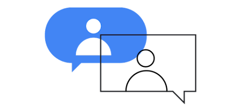Two overlapping speech bubbles with figures of people inside them