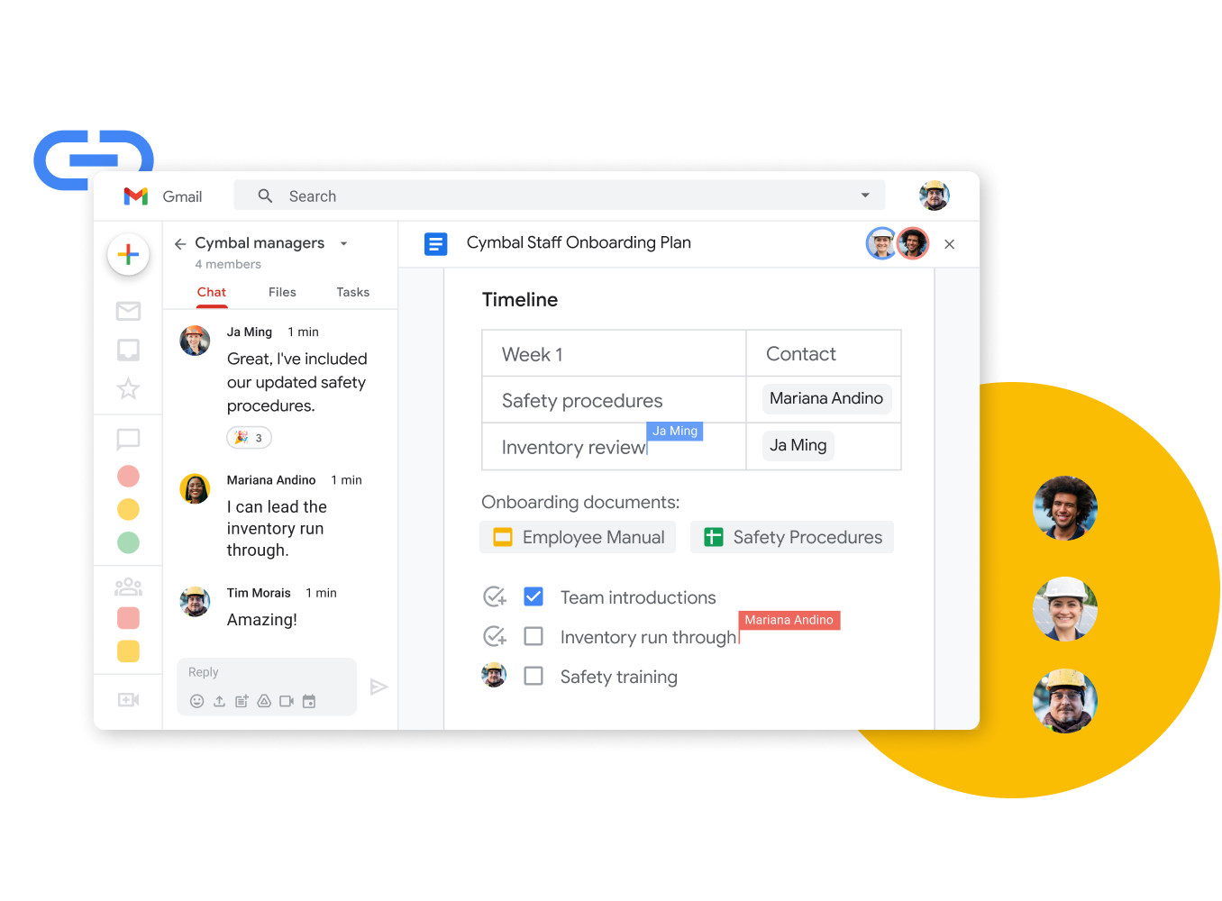 Grafik der Google Workspace-Oberfläche – Teammitglieder bearbeiten gemeinsam ein Dokument, während sie live chatten