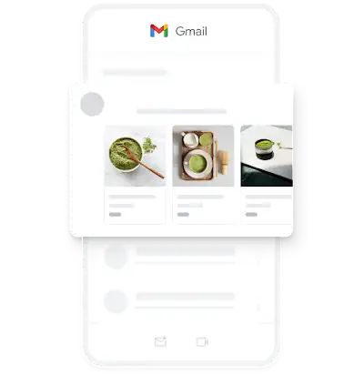 Gmail 應用程式中的需求開發行動廣告範例，當中展示多張有機抹茶的圖片。