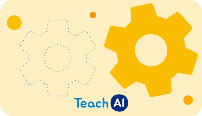 An outline of a cog and a full color illustration of a cog are placed above text that says “Teach AI.”
