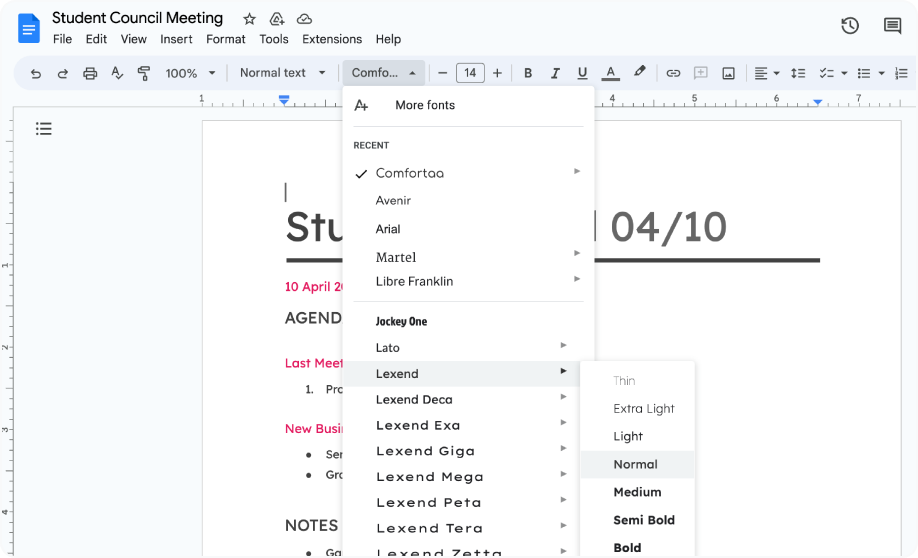 A user is changing the font in a Google Doc to Lexend.